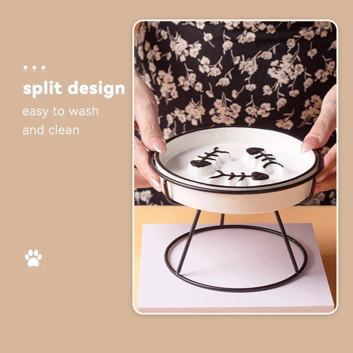 Ceramic Cat Bowl Slow Feeder Pet Food Tray for Cats and Dogs Non Slip Design - Yellow Bowl-White Tray Rack V528-PET-BOWL-YELLOW-WHITE-893934