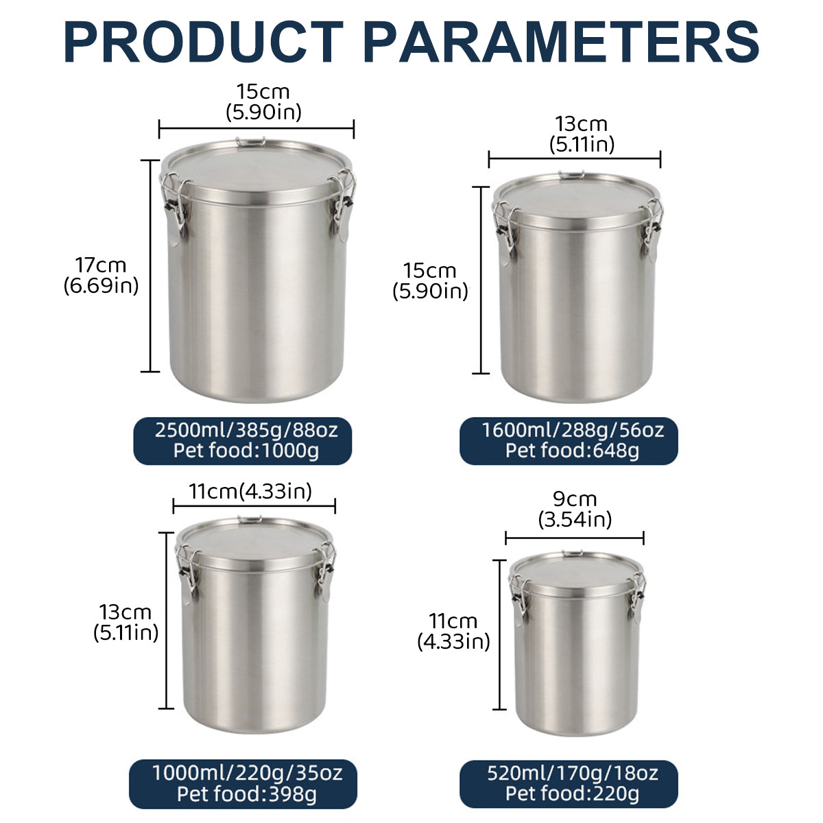 Stainless Steel Pet Food Storage Bucket Dog Cat Grain Container Bin Kitchen - 1000ml V528-PET-FOOD-PAIL-1000ML-153043