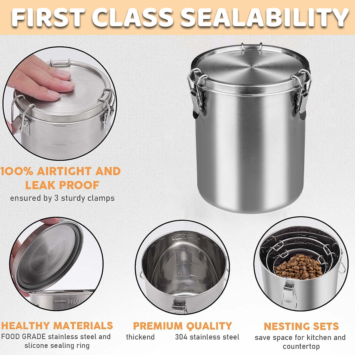 Stainless Steel Pet Food Storage Bucket Dog Cat Grain Container Bin Kitchen - 1000ml V528-PET-FOOD-PAIL-1000ML-153043