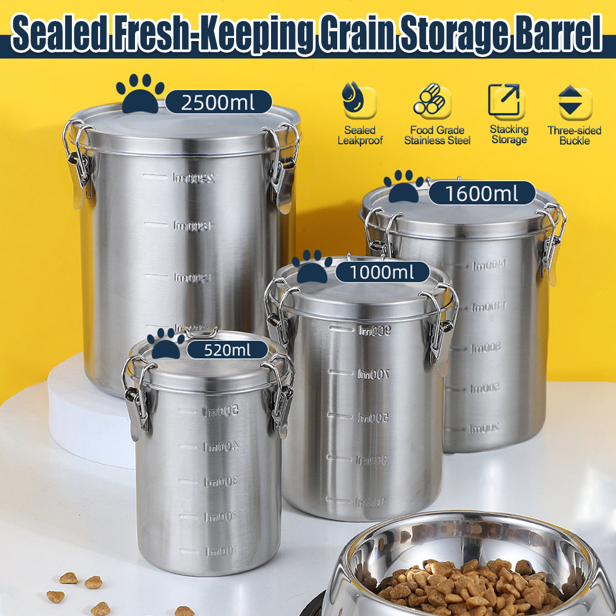 Stainless Steel Pet Food Storage Bucket Dog Cat Grain Container Bin Kitchen - 1600ml V528-PET-FOOD-PAIL-1600ML-492262