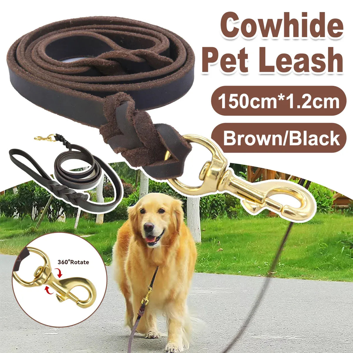 Dog Leash Cowhide Lead Heavy Duty Leather M Size Brown For Walking Training - Black V528-PET-LEASH-BLACK-980562