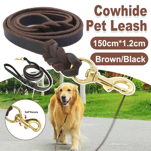 Dog Leash Cowhide Lead Heavy Duty Leather M Size Brown For Walking Training - Black V528-PET-LEASH-BLACK-980562