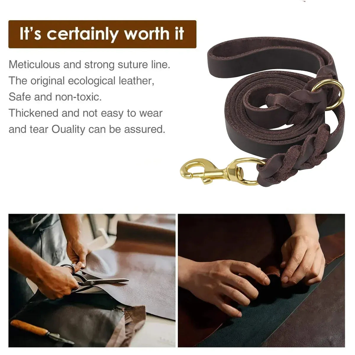 Dog Leash Cowhide Lead Heavy Duty Leather M Size Brown For Walking Training - Black V528-PET-LEASH-BLACK-980562