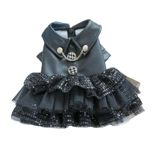 Autumn Winter Pet Dog Cat Dress Faux Leather Sequin Skirt Outfit for Small Dogs - L V528-PET-LEATHER-SKIRT-L-842135