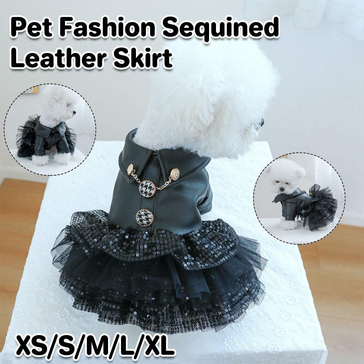 Autumn Winter Pet Dog Cat Dress Faux Leather Sequin Skirt Outfit for Small Dogs - L V528-PET-LEATHER-SKIRT-L-842135