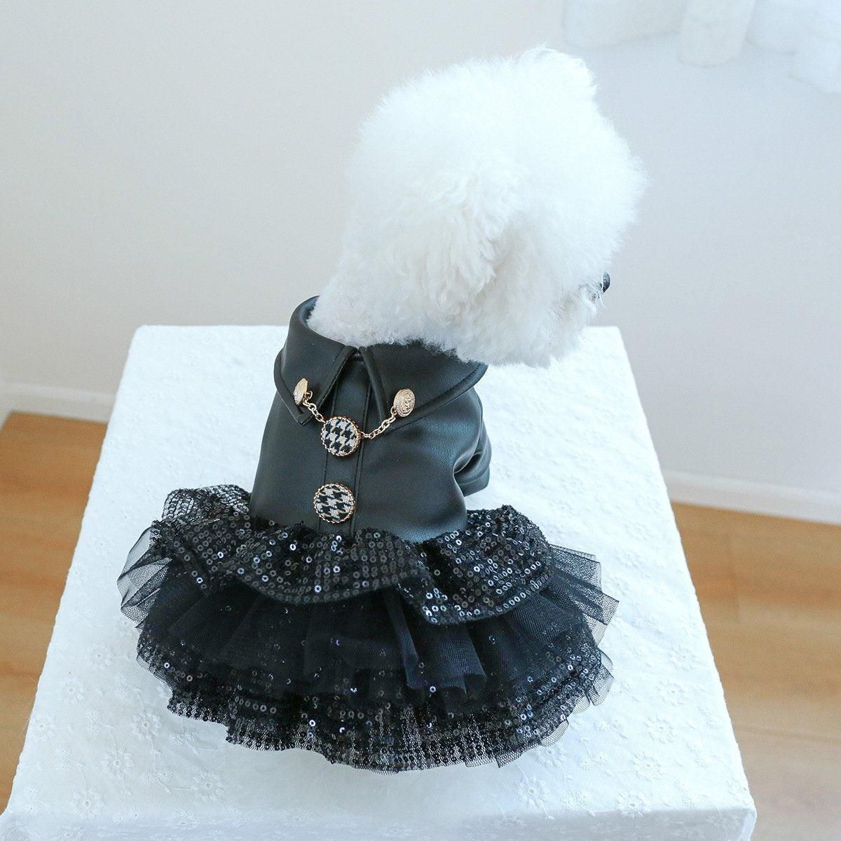 Autumn Winter Pet Dog Cat Dress Faux Leather Sequin Skirt Outfit for Small Dogs - L V528-PET-LEATHER-SKIRT-L-842135