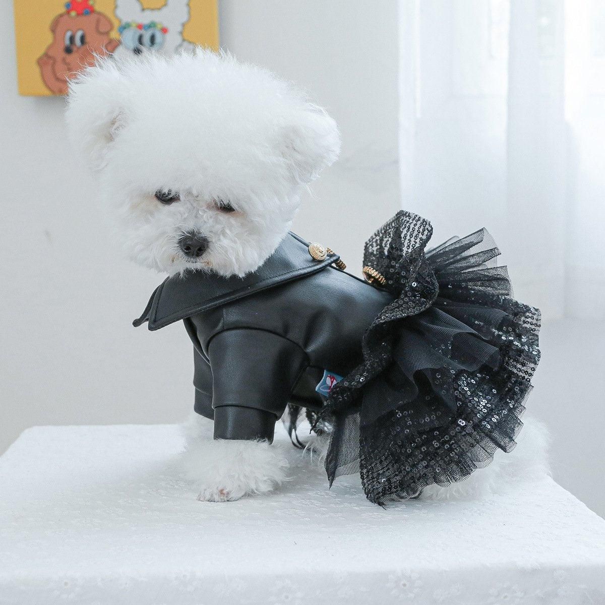 Autumn Winter Pet Dog Cat Dress Faux Leather Sequin Skirt Outfit for Small Dogs - L V528-PET-LEATHER-SKIRT-L-842135