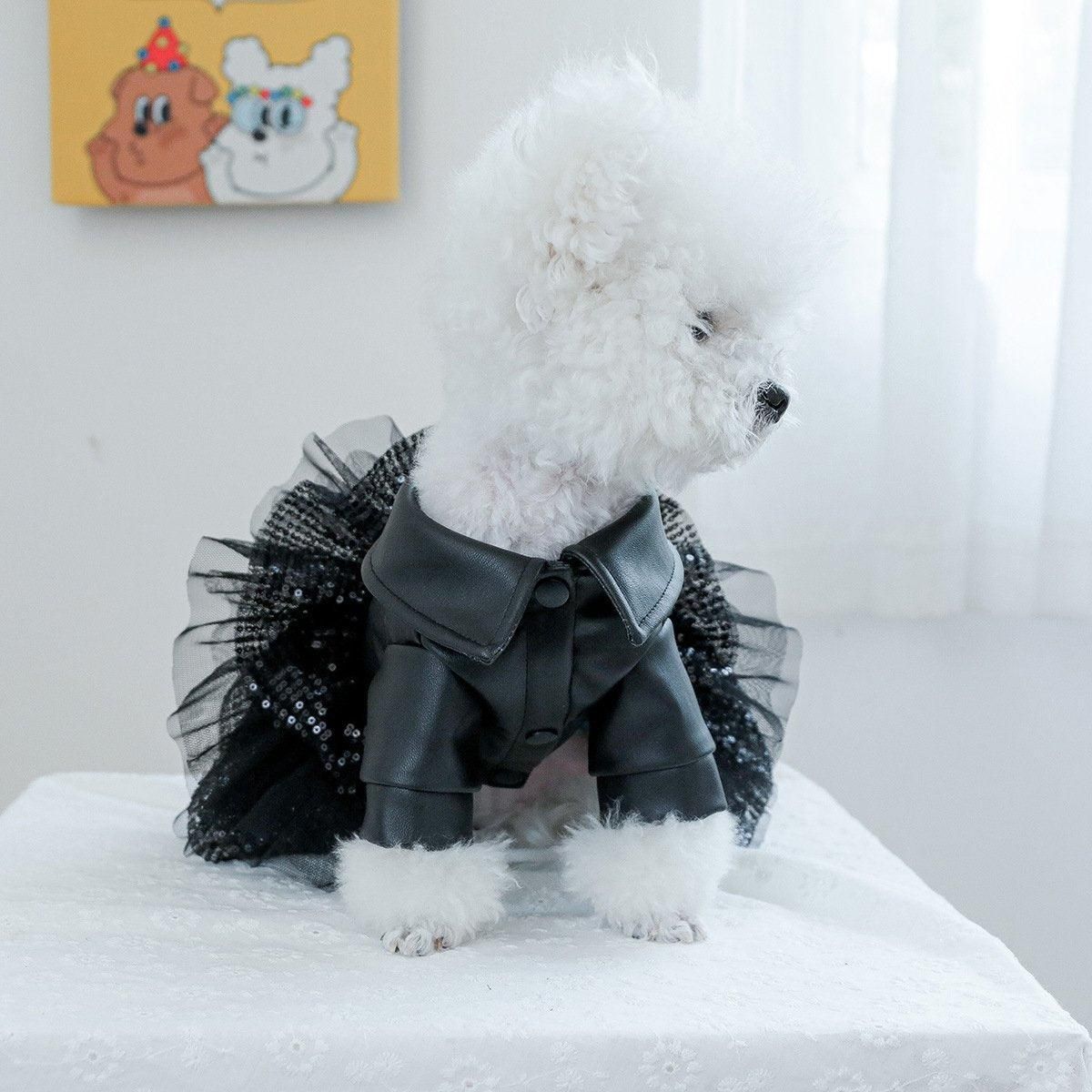 Autumn Winter Pet Dog Cat Dress Faux Leather Sequin Skirt Outfit for Small Dogs - L V528-PET-LEATHER-SKIRT-L-842135
