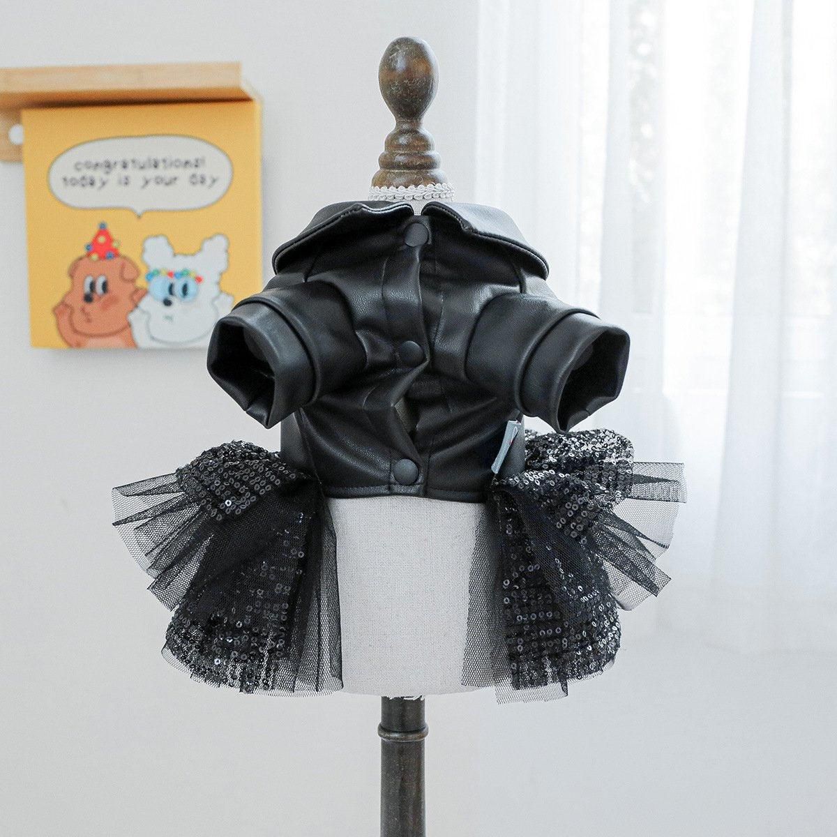 Autumn Winter Pet Dog Cat Dress Faux Leather Sequin Skirt Outfit for Small Dogs - M V528-PET-LEATHER-SKIRT-M-519576