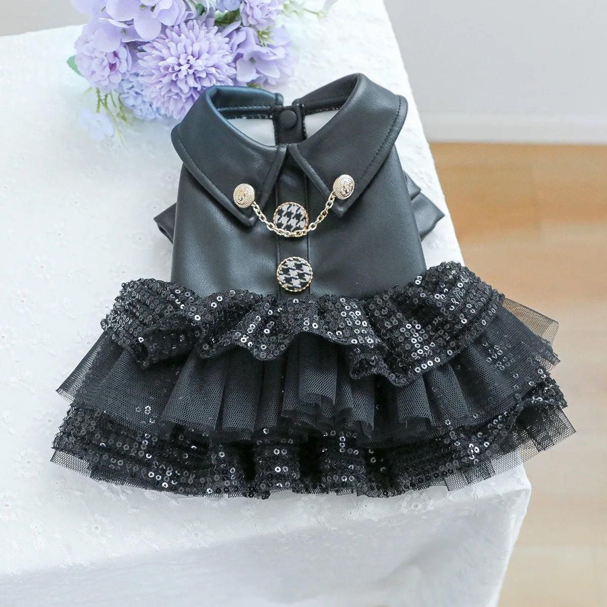 Autumn Winter Pet Dog Cat Dress Faux Leather Sequin Skirt Outfit for Small Dogs - M V528-PET-LEATHER-SKIRT-M-519576