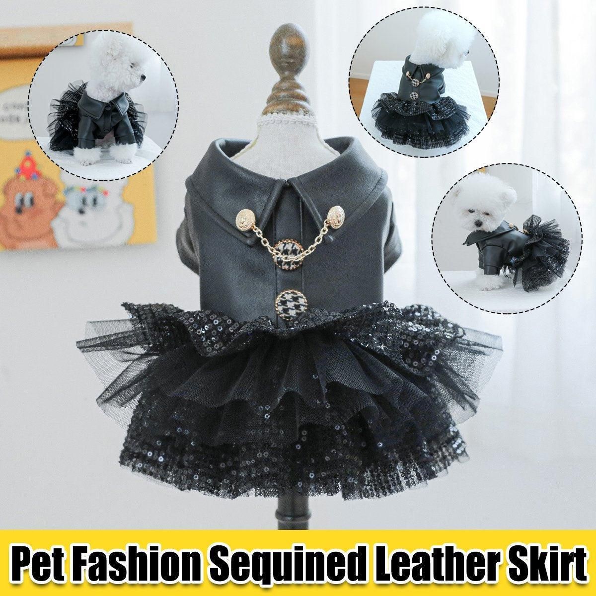 Autumn Winter Pet Dog Cat Dress Faux Leather Sequin Skirt Outfit for Small Dogs - S V528-PET-LEATHER-SKIRT-S-562173