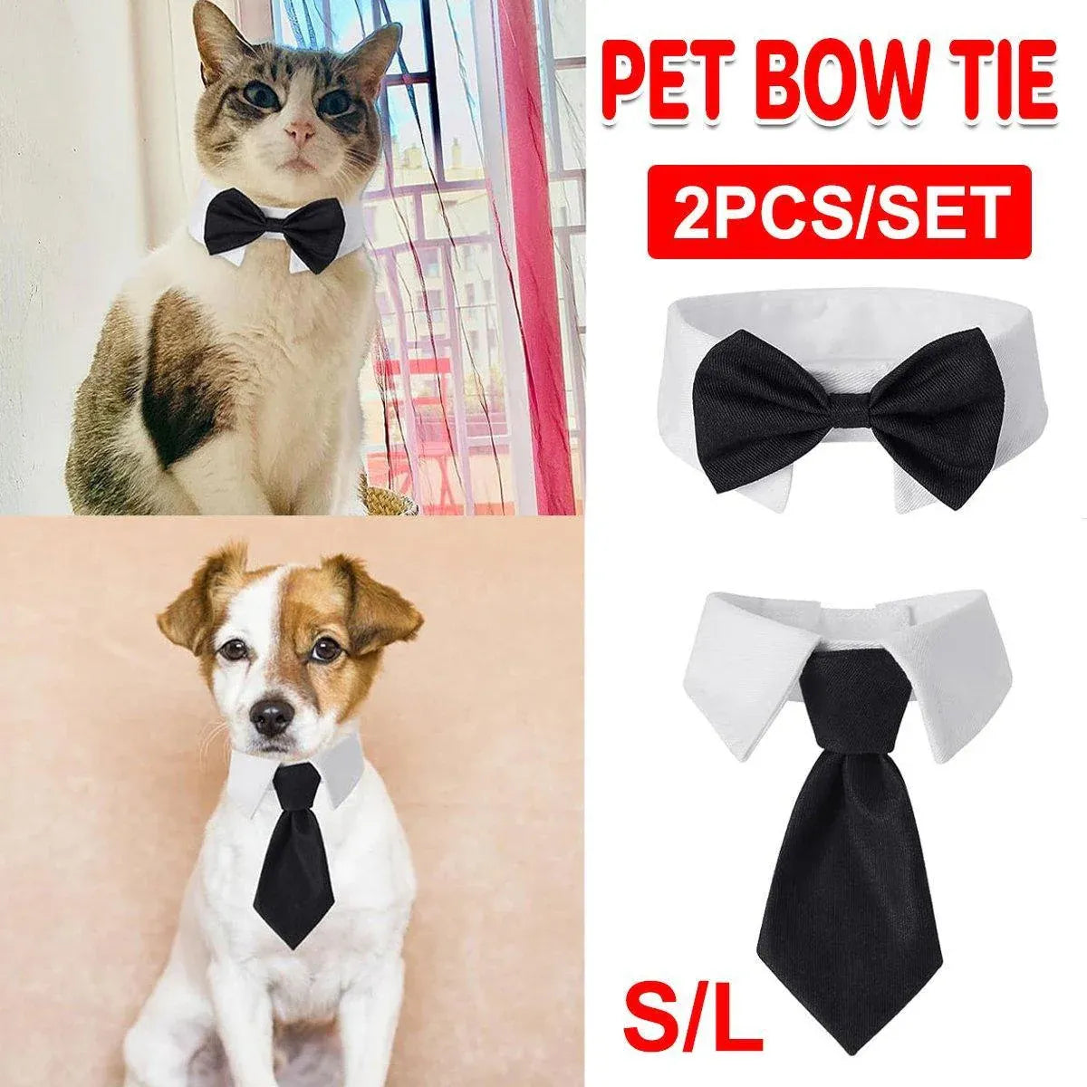 2pcs Pet Bow Tie Collar Dog Cat Suit Dress Accessories Adjustable Neck Strap - S V528-PET-TIE-BOWTIE-SUIT-S-597628