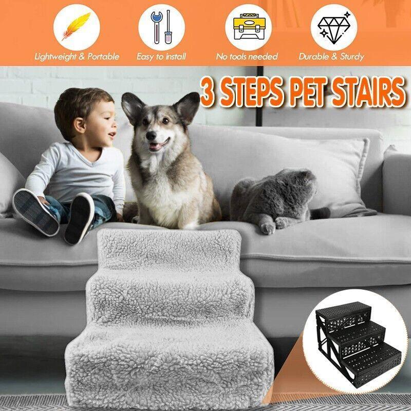 3 Steps Pet Stairs with Soft Cover for Small Dogs and Cats Portable Climbing Ramp V528-PETSTAIRS-GREY-71620