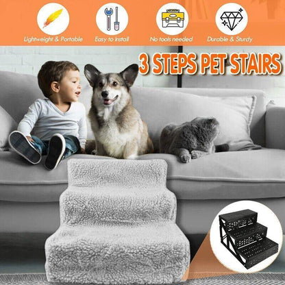 3 Steps Pet Stairs with Soft Cover for Small Dogs and Cats Portable Climbing Ramp V528-PETSTAIRS-GREY-71620