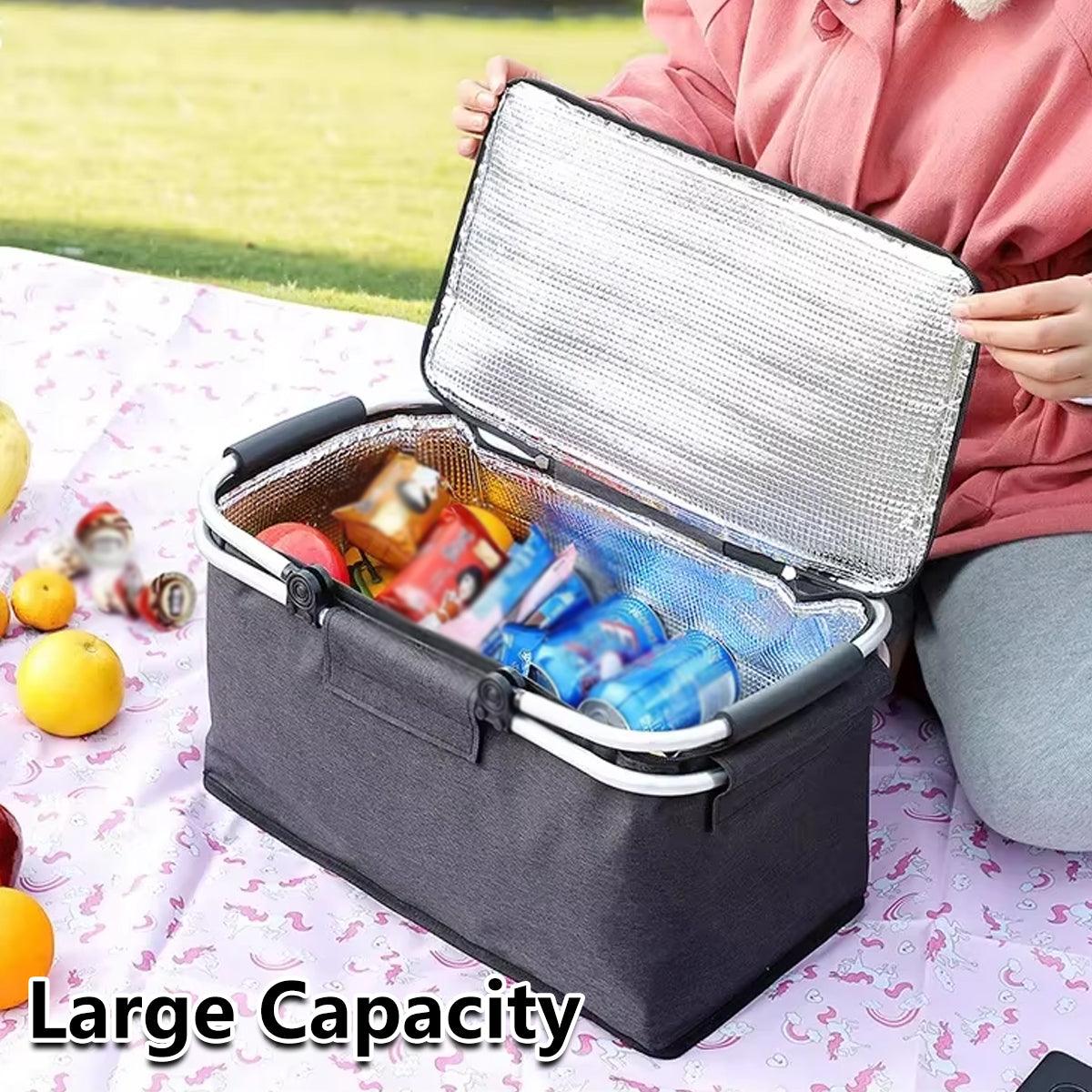 Folding Picnic Basket Insulated Cooler Bag Portable Outdoor Grocery Storage - Black V528-PICNIC-BASKET-BLACK-205589