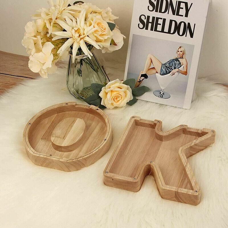 Wooden Piggy Bank Funny Letter or Guitar Coin Saving Money Box A-Z Gift Idea - D V528-PIGGYBANK-D-99296