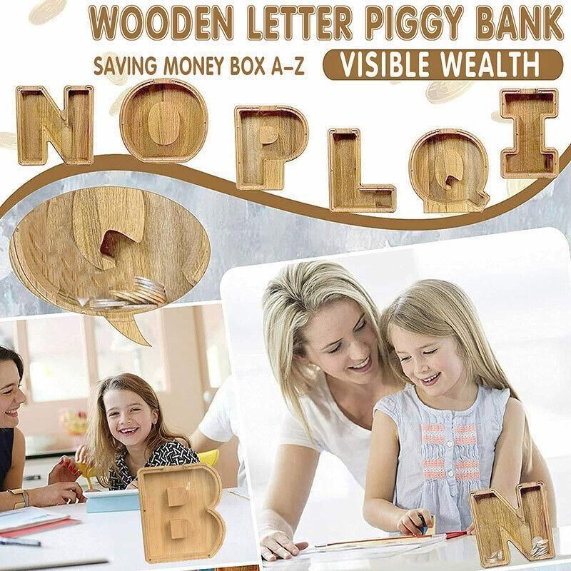 Wooden Piggy Bank Funny Letter or Guitar Coin Saving Money Box A-Z Gift Idea - P V528-PIGGYBANK-P-56777
