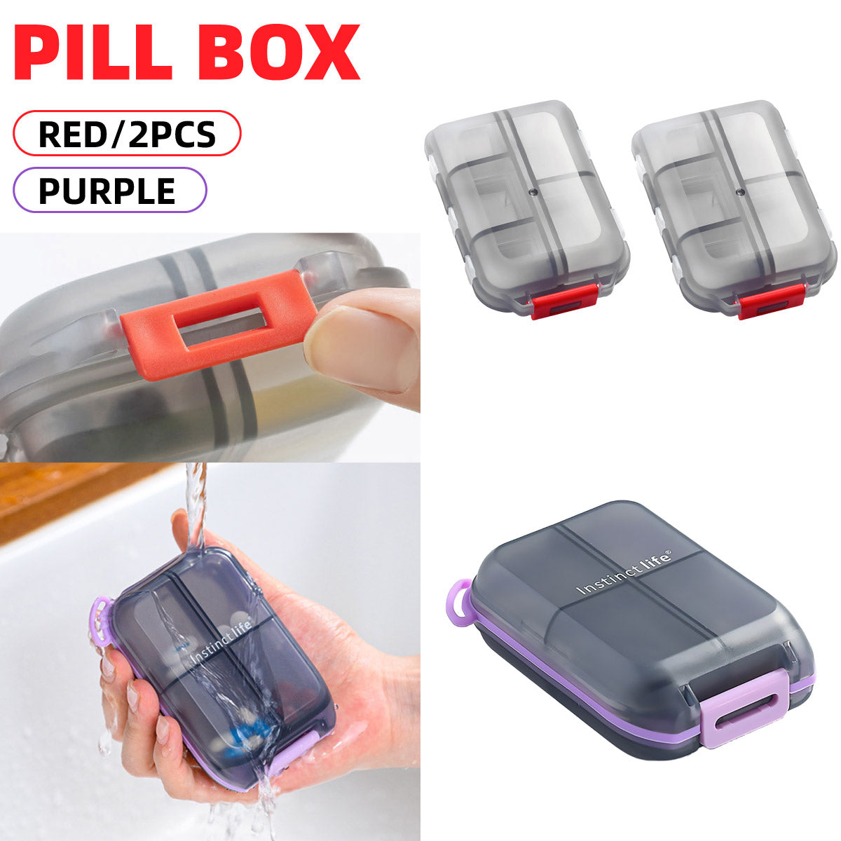 Small Pill Case Vitamin Holder Container 6/10Compartments Double Layer Holder - Red-2PCS V528-PILL-BOX-2PCS-GREY-743575