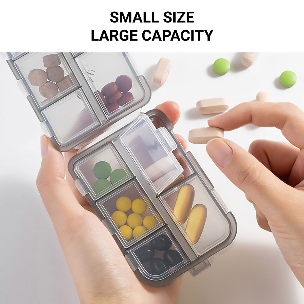 Small Pill Case Vitamin Holder Container 6/10Compartments Double Layer Holder - Red-2PCS V528-PILL-BOX-2PCS-GREY-743575