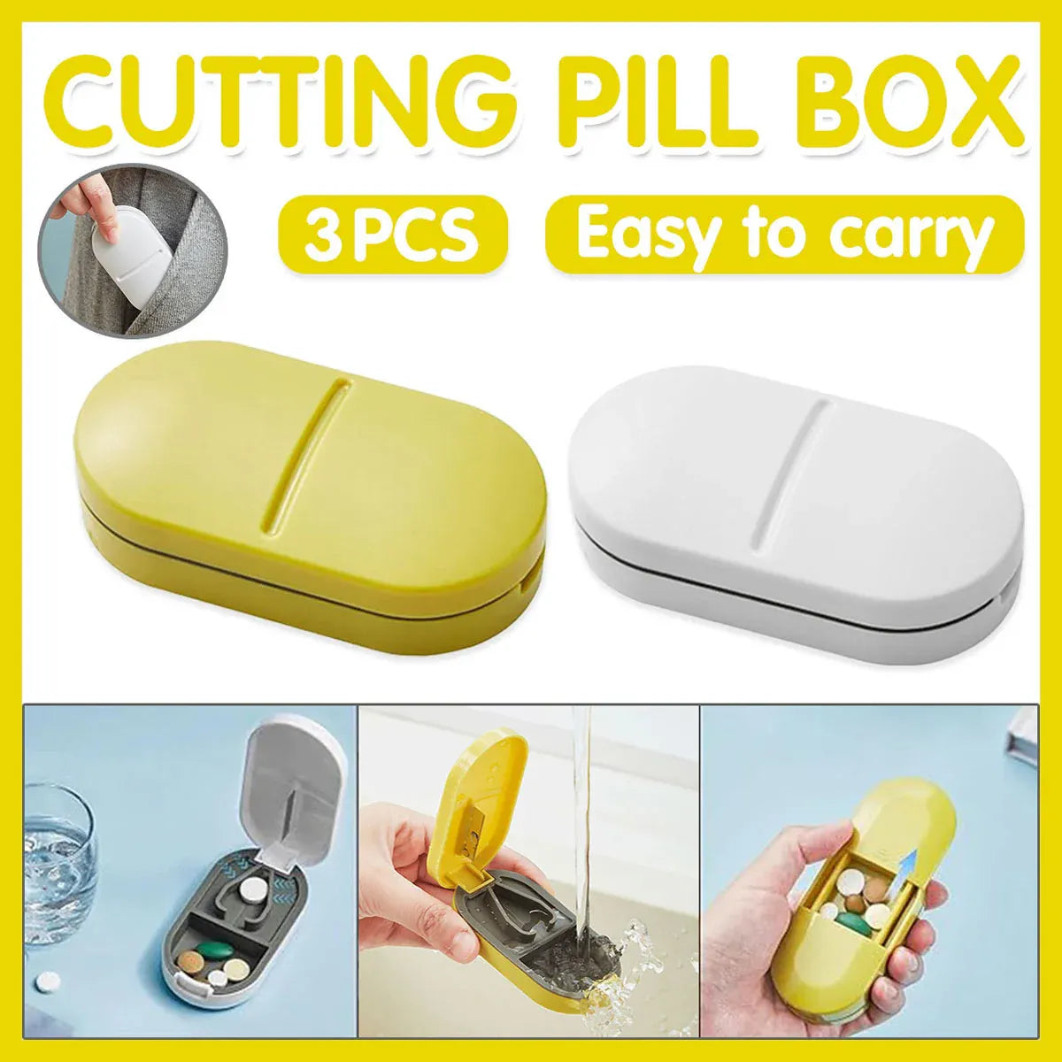 3PCS Tablet Cutter Pill Splitter Portable Medicine Box Pill Organizer Divider - Yellow V528-PILL-CASE-YELLOW-3PCS-103970