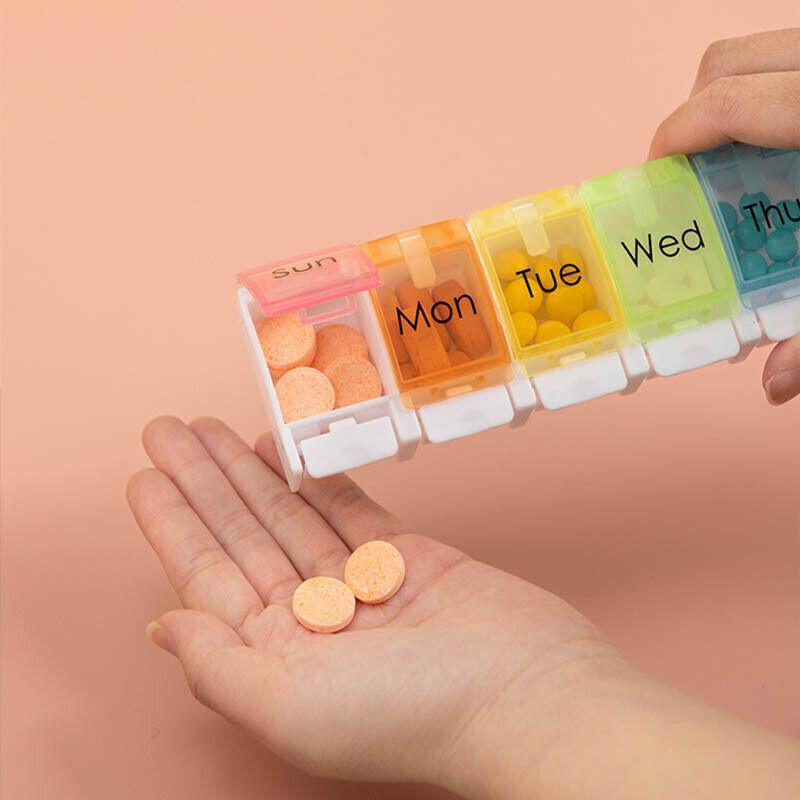 7 Day Weekly Pill Organizer Box with Push Button Rainbow Compartments Travel Case V528-PILLBO-756910