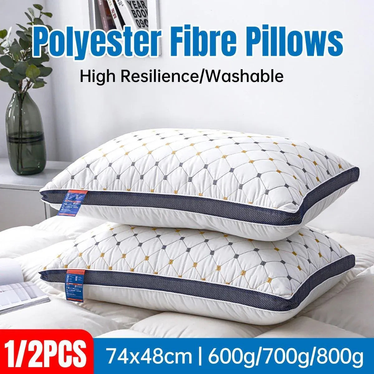 1/2pcs High Rebound Feather Velvet Pillow Washable Soft Bed Cushion Core Support - 700g-2pcs V528-PILLOW-CORE-700G-2PCS-913696