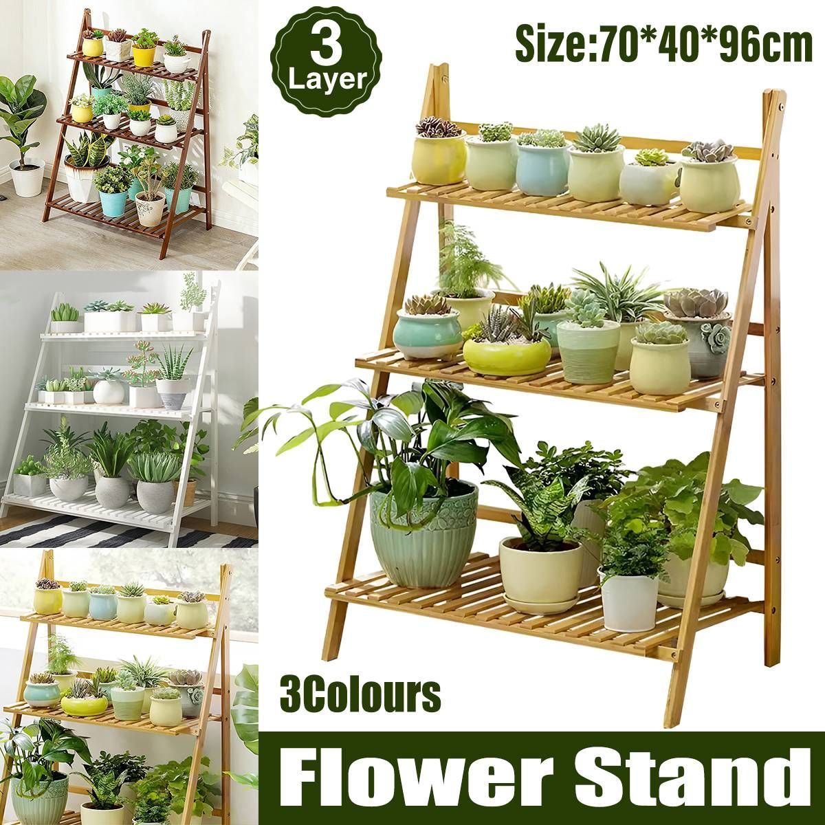 Balcony Plant Stand 3-Layer Wooden Flower Pot Corner Stand White Log Foldable - White V528-PLANT-STAND-3-WHITE-136985