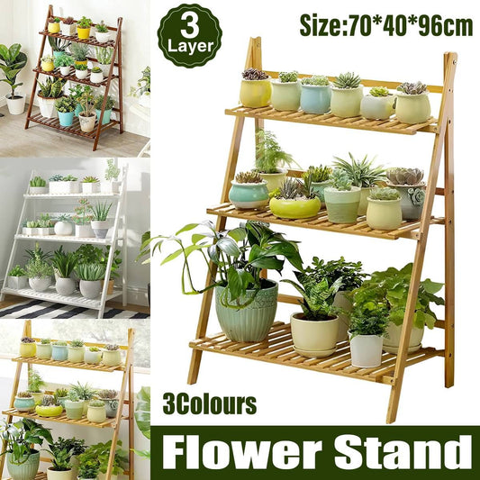 Balcony Plant Stand 3-Layer Wooden Flower Pot Corner Stand White Log Foldable - White V528-PLANT-STAND-3-WHITE-136985