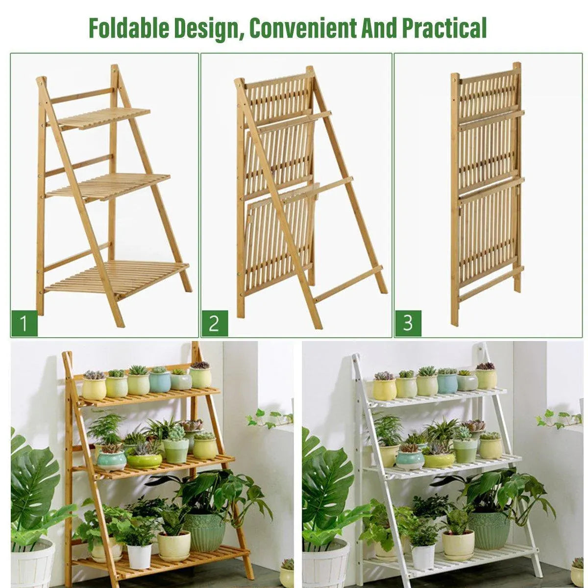 Balcony Plant Stand 3-Layer Wooden Flower Pot Corner Stand White Log Foldable - White V528-PLANT-STAND-3-WHITE-136985