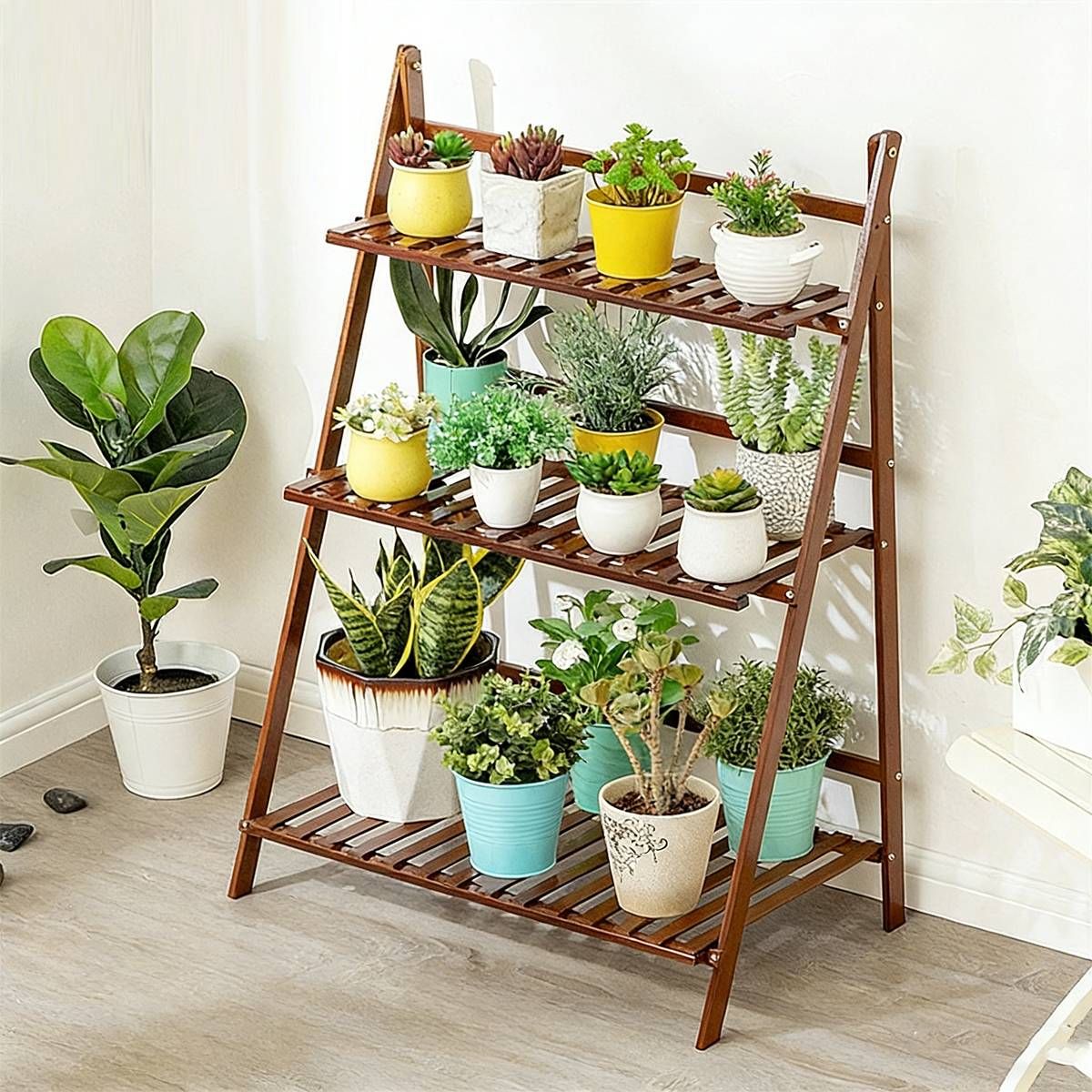 Balcony Plant Stand 3-Layer Wooden Flower Pot Corner Stand White Log Foldable - White V528-PLANT-STAND-3-WHITE-136985