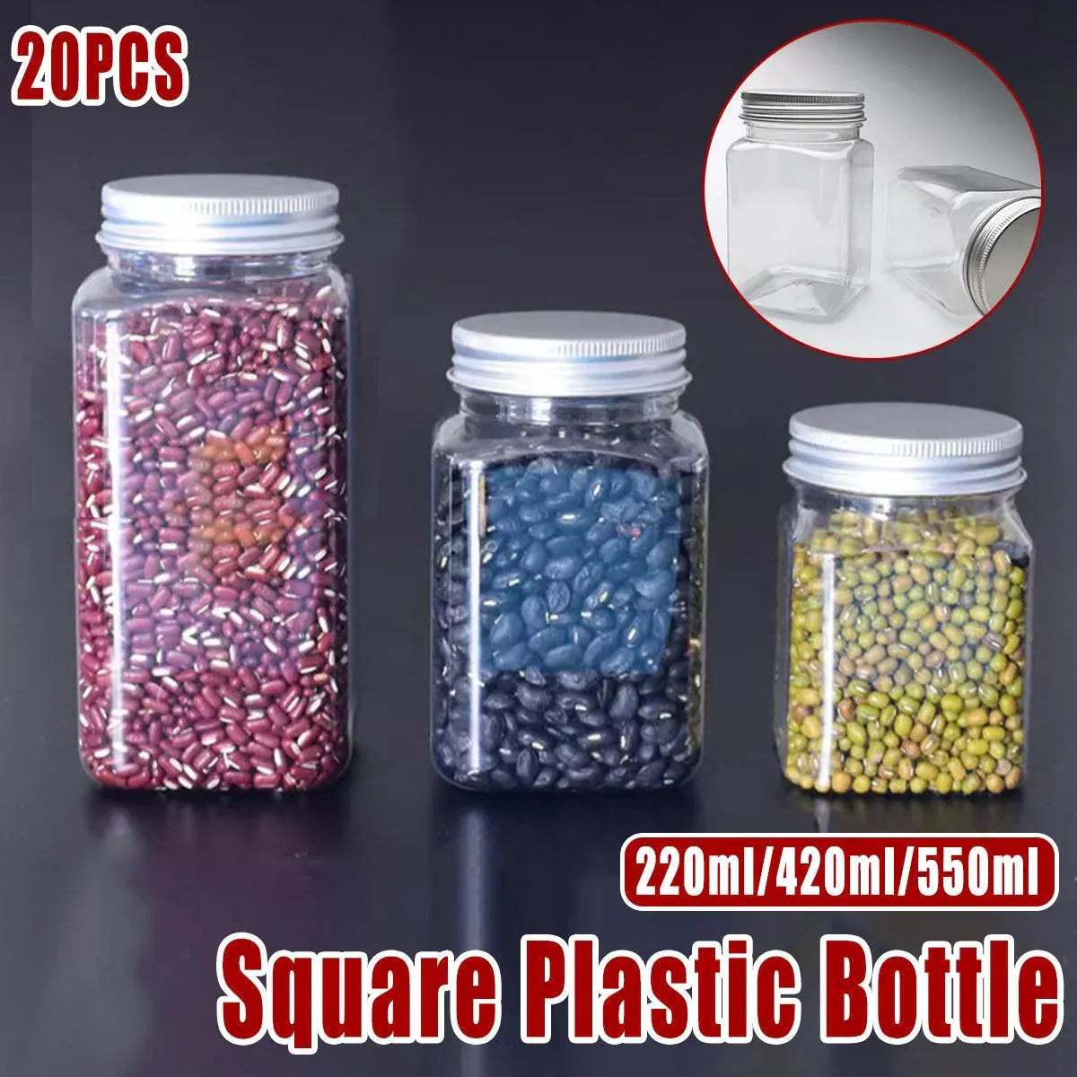 20pcs Square Transparent Plastic Bottle with Aluminum Cap Sealed Jar for Food Storage - 550ml V528-PLASTIC-BOTTLE-20PCS-245929