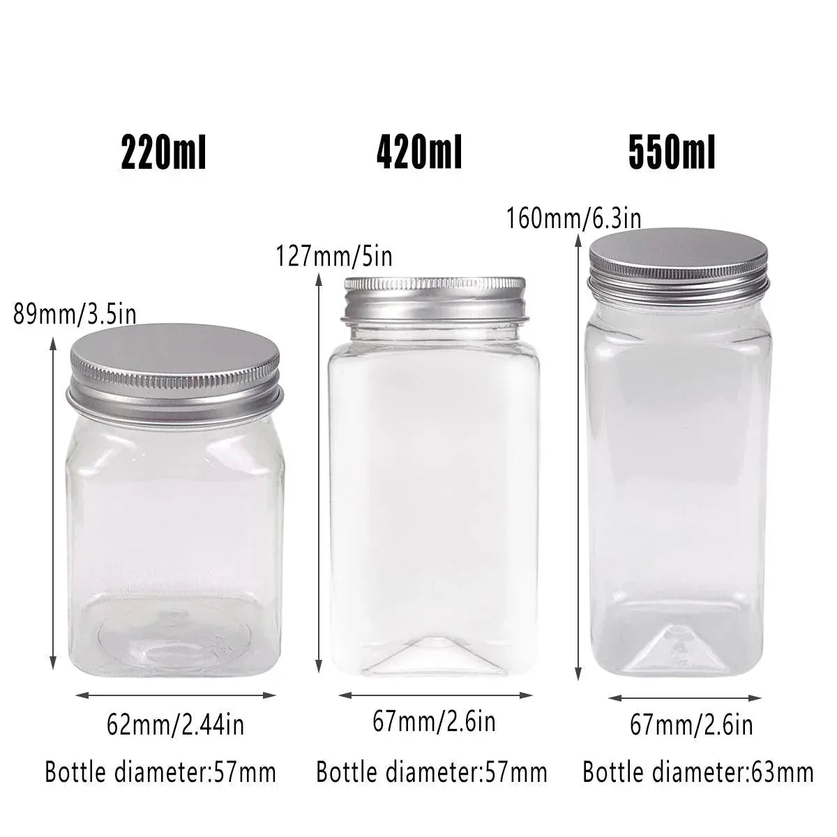 20pcs Square Transparent Plastic Bottle with Aluminum Cap Sealed Jar for Food Storage - 550ml V528-PLASTIC-BOTTLE-20PCS-245929