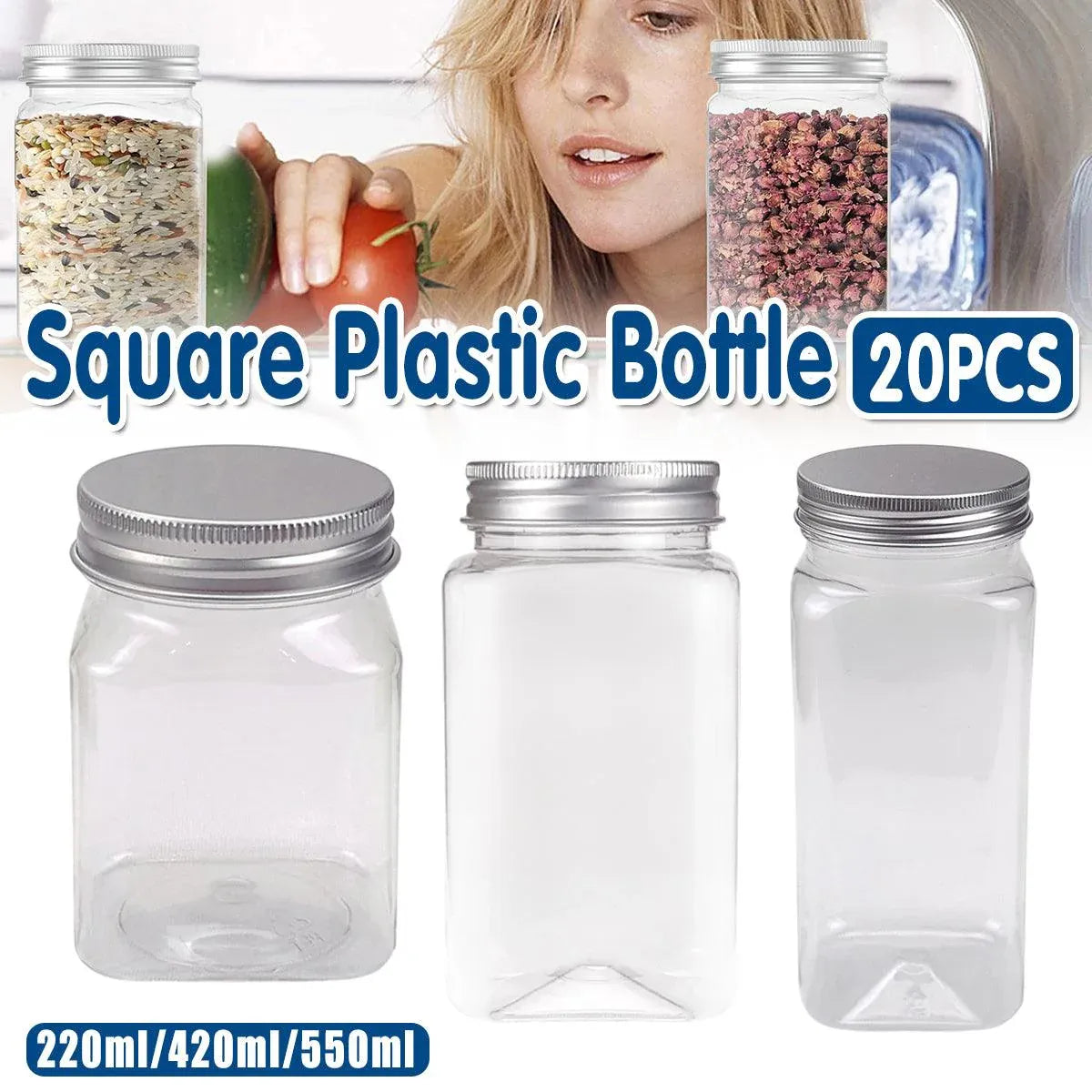 20pcs Square Transparent Plastic Bottle with Aluminum Cap Sealed Jar for Food Storage - 550ml V528-PLASTIC-BOTTLE-20PCS-245929