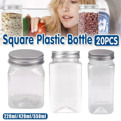 20pcs Square Transparent Plastic Bottle with Aluminum Cap Sealed Jar for Food Storage - 550ml V528-PLASTIC-BOTTLE-20PCS-245929
