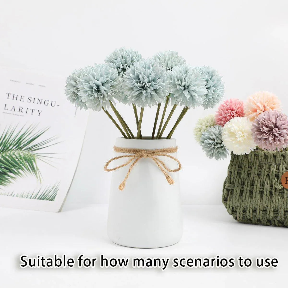 12pcs Artificial Dandelion Fake Flower Simulation Arrangement Desktop Decoration - White V528-POMPON-WHITE-12PCS-948221