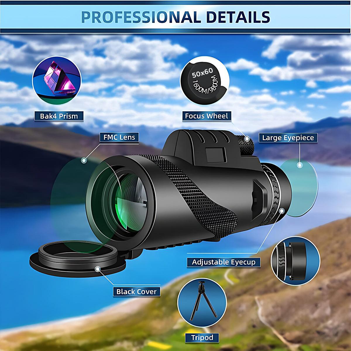 50x60 HD Monocular Telescope with Tripod and Phone Holder for Outdoor Travel V528-PORTABLETELESCOPE-720844