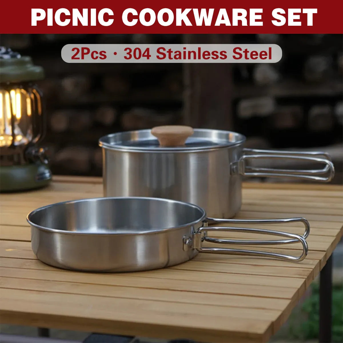 2PCS 304 Stainless Steel Camping Pot and Pan Set With Folding Handles Outdoor V528-POTS-2PCS-718523