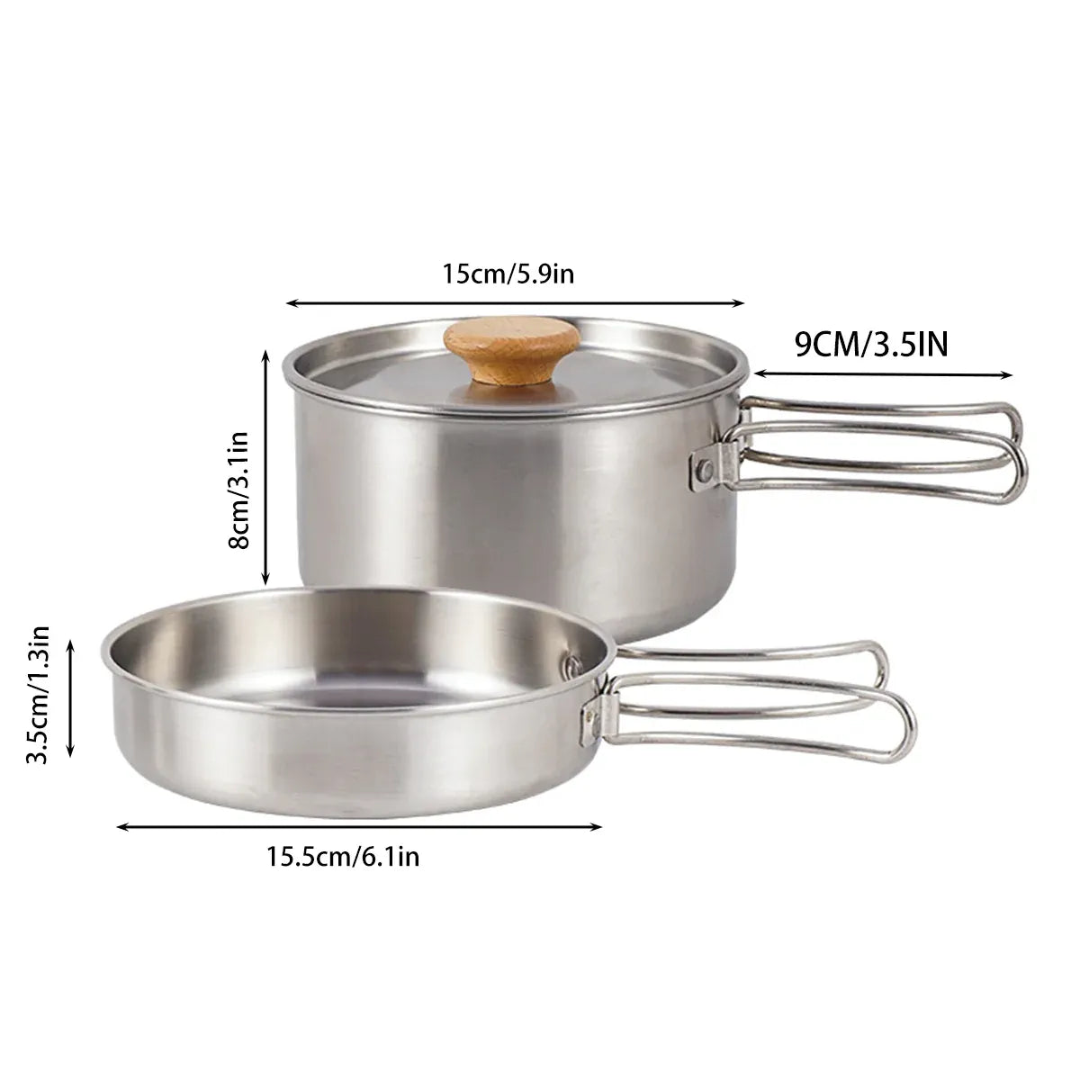 2PCS 304 Stainless Steel Camping Pot and Pan Set With Folding Handles Outdoor V528-POTS-2PCS-718523