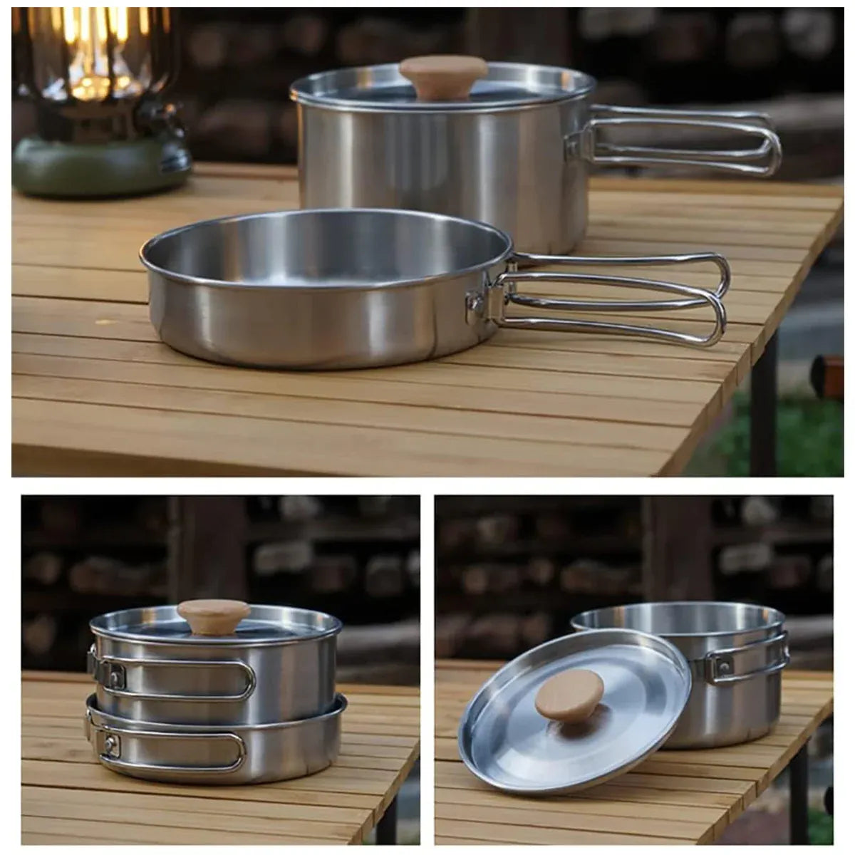 2PCS 304 Stainless Steel Camping Pot and Pan Set With Folding Handles Outdoor V528-POTS-2PCS-718523