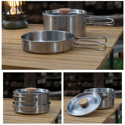2PCS 304 Stainless Steel Camping Pot and Pan Set With Folding Handles Outdoor V528-POTS-2PCS-718523