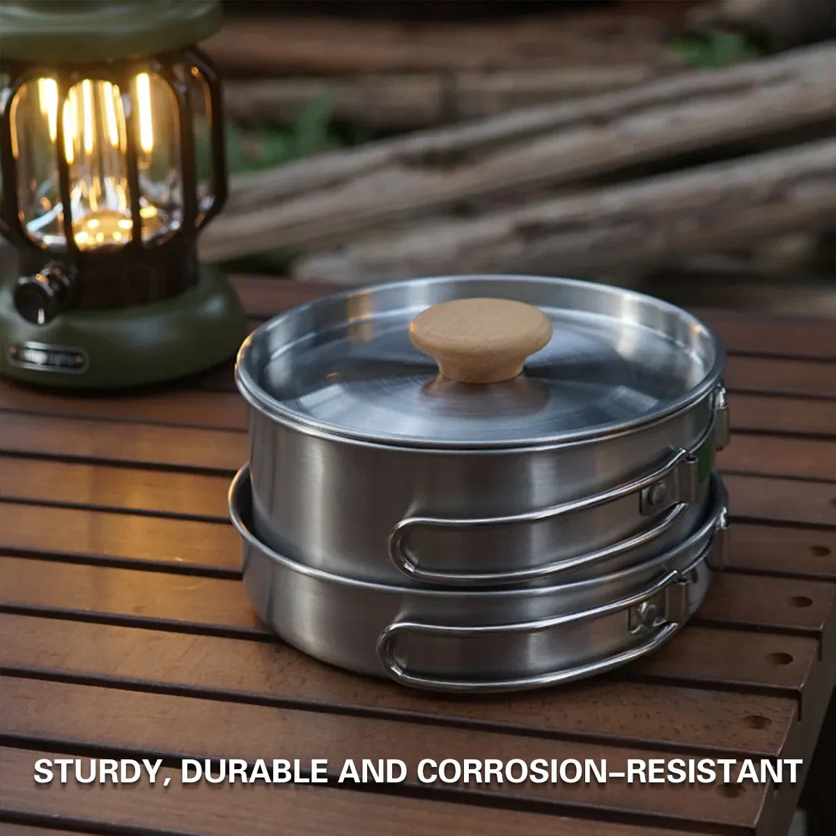2PCS 304 Stainless Steel Camping Pot and Pan Set With Folding Handles Outdoor V528-POTS-2PCS-718523