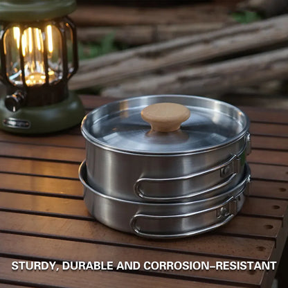 2PCS 304 Stainless Steel Camping Pot and Pan Set With Folding Handles Outdoor V528-POTS-2PCS-718523