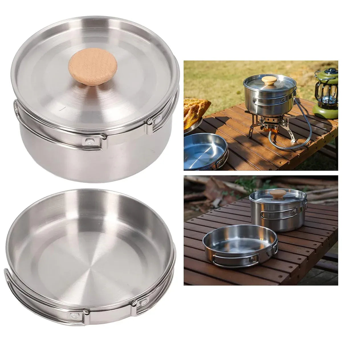 2PCS 304 Stainless Steel Camping Pot and Pan Set With Folding Handles Outdoor V528-POTS-2PCS-718523