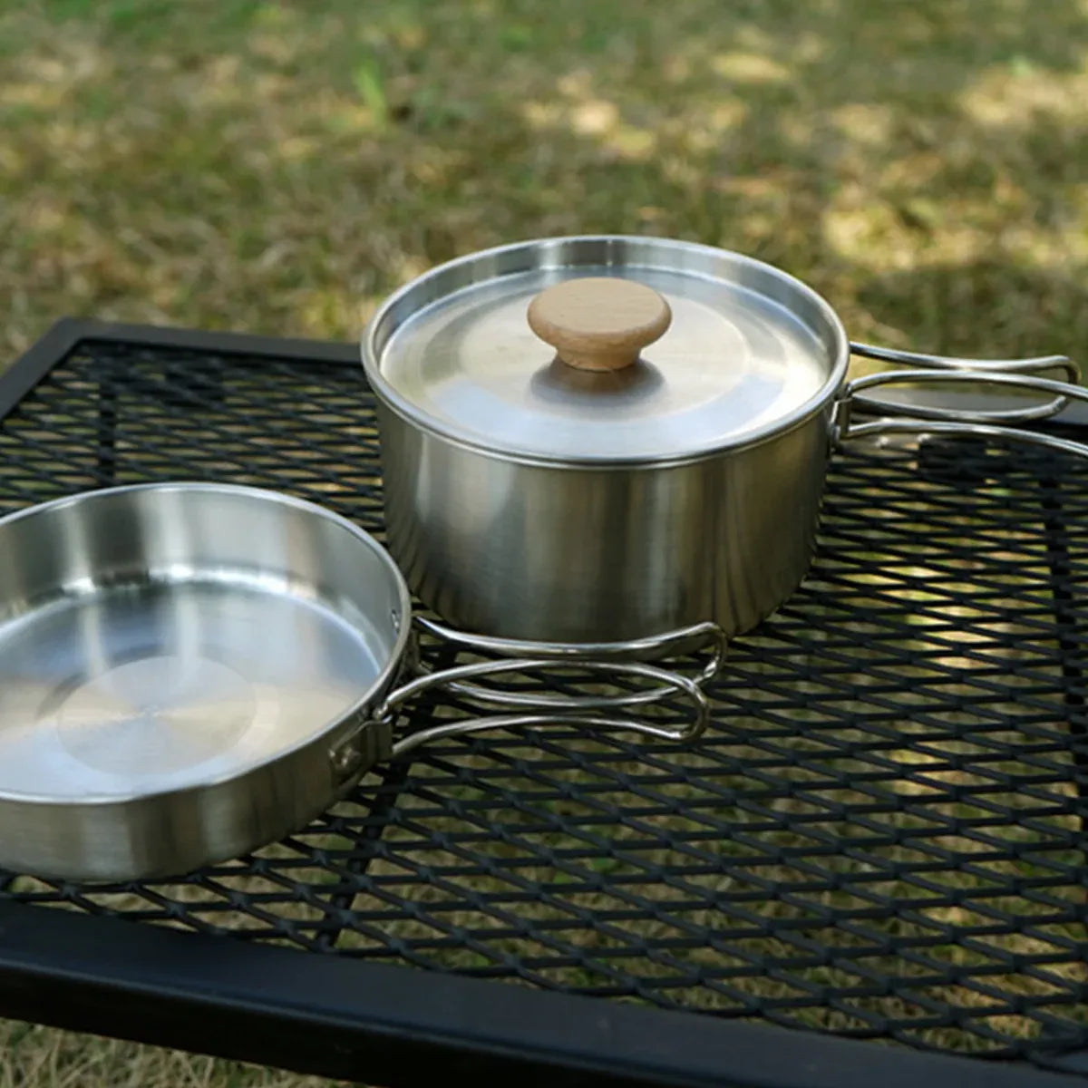 2PCS 304 Stainless Steel Camping Pot and Pan Set With Folding Handles Outdoor V528-POTS-2PCS-718523