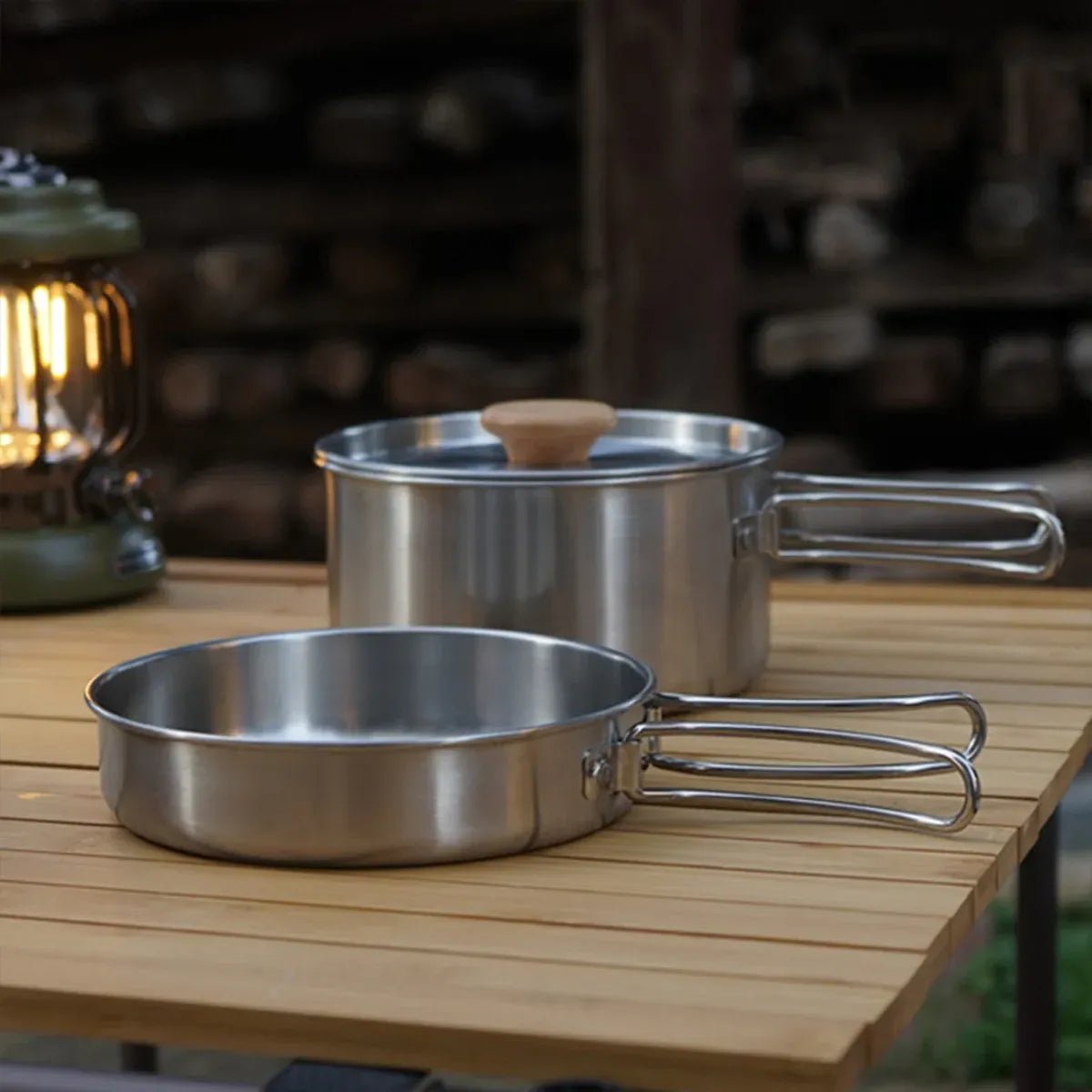 2PCS 304 Stainless Steel Camping Pot and Pan Set With Folding Handles Outdoor V528-POTS-2PCS-718523
