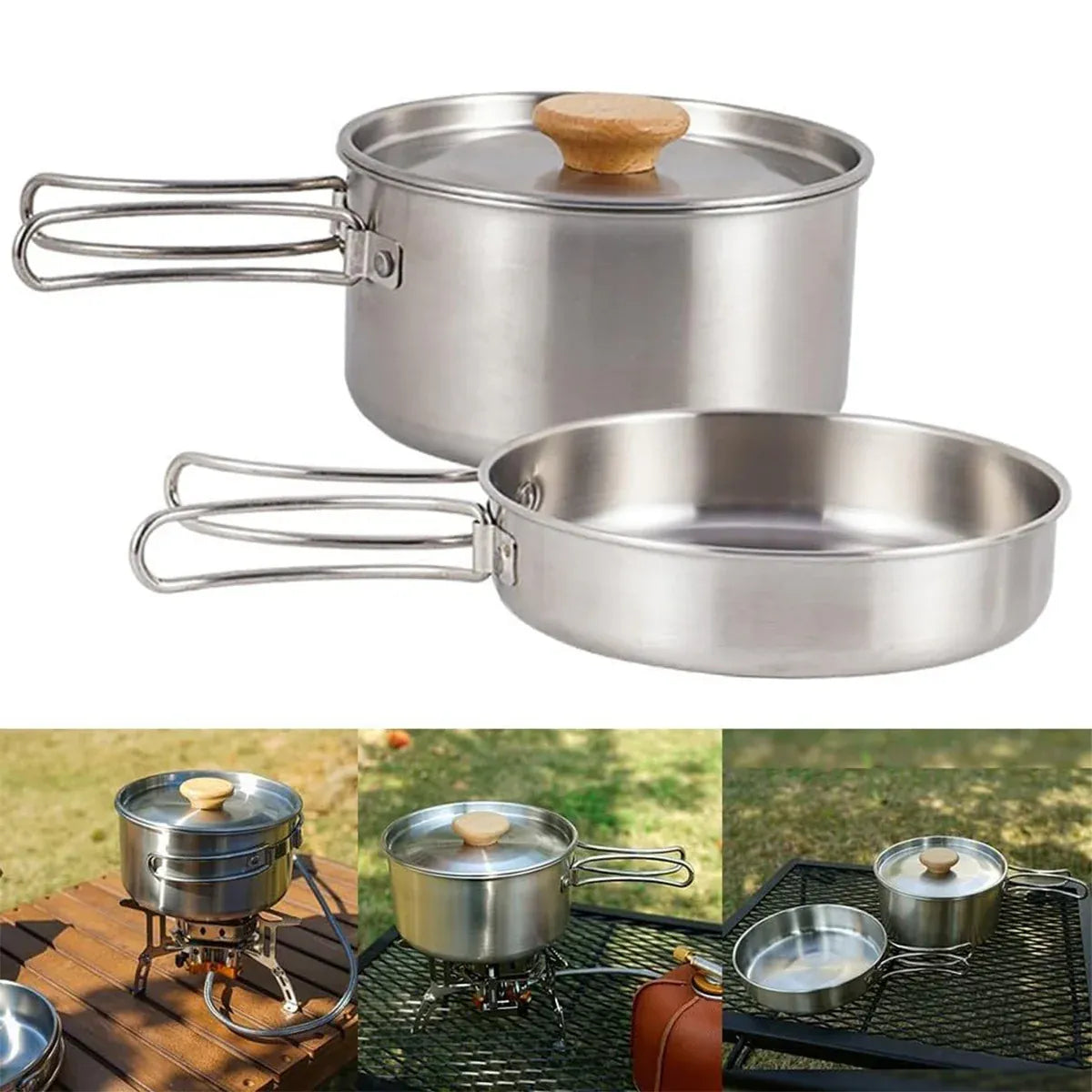 2PCS 304 Stainless Steel Camping Pot and Pan Set With Folding Handles Outdoor V528-POTS-2PCS-718523