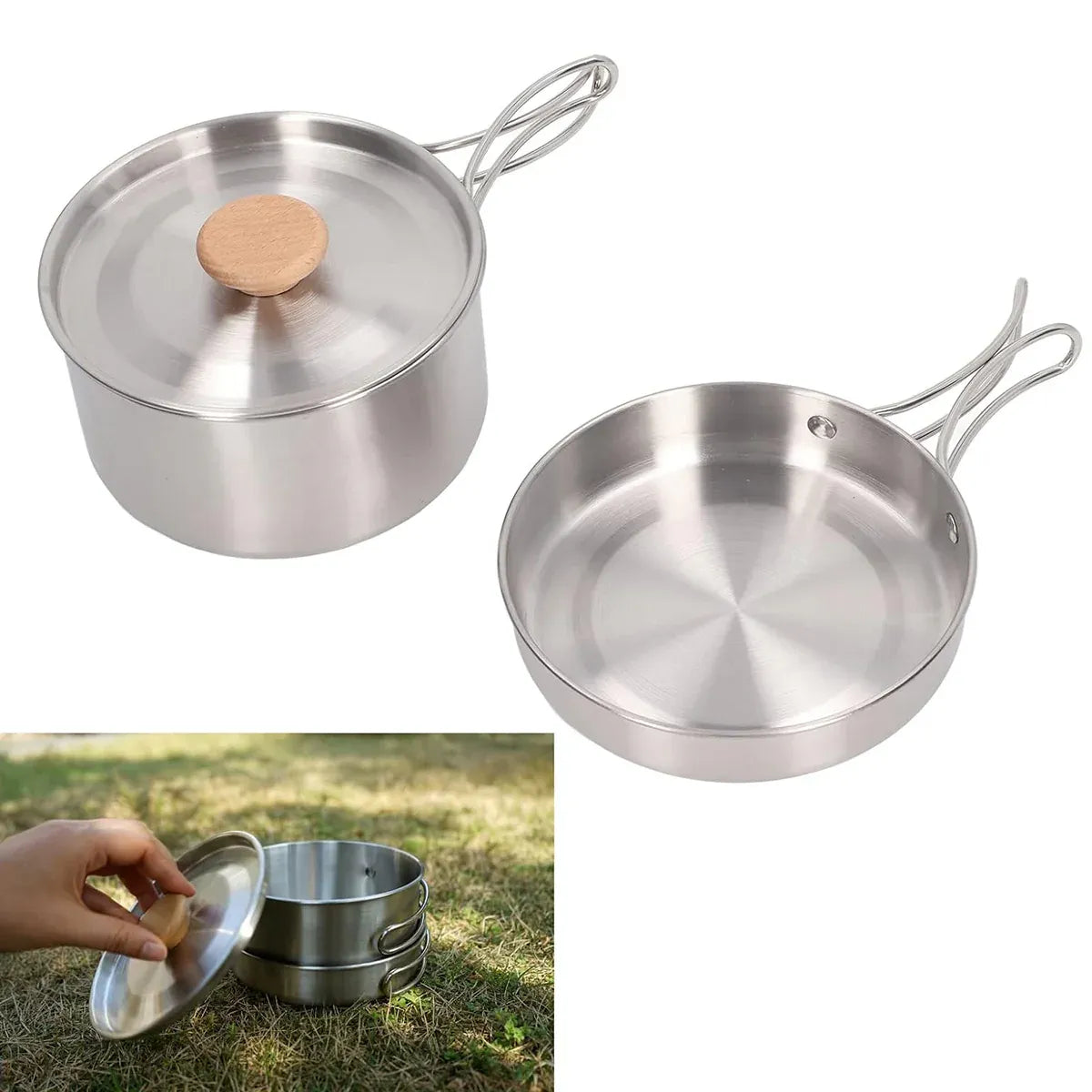 2PCS 304 Stainless Steel Camping Pot and Pan Set With Folding Handles Outdoor V528-POTS-2PCS-718523