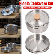 2PCS 304 Stainless Steel Camping Pot and Pan Set With Folding Handles Outdoor V528-POTS-2PCS-718523