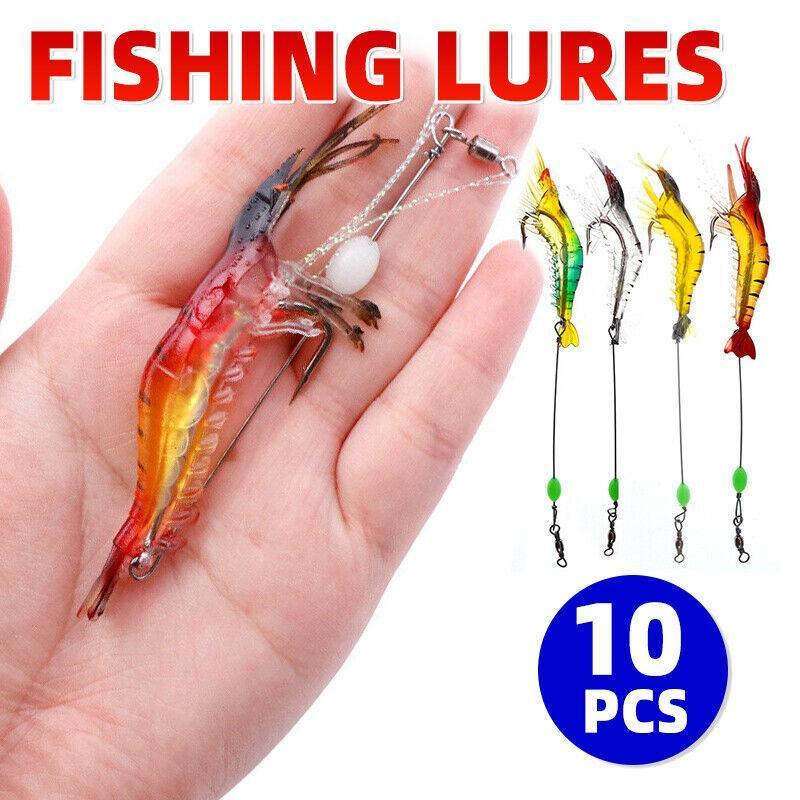 10 Pack Soft Shrimp Lures with Hooks for Bream Flathead Cod and Bass Fishing V528-PRAWNHOOK-10PCS-374363