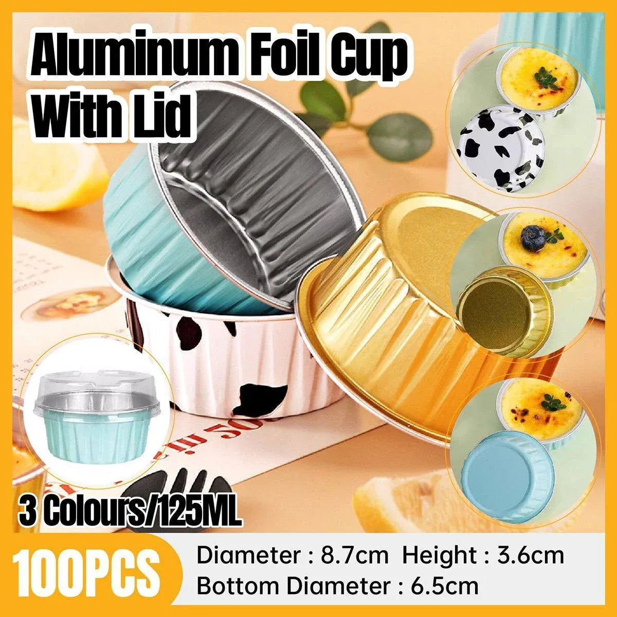 100Pcs Cake Tools Pudding Cake Aluminum Foil Baking Cups Cupcake Cup with Lids - 100pcs-Blue V528-PUDDING-CUP-100PCS-BLUE-656752